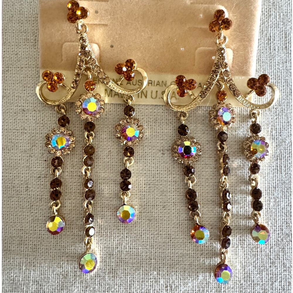 Austrian Crystal Chandelier Earrings Orange & Champagne AB NWT Statement Dangle